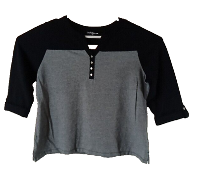 #ad Croft amp; Barrow Woman#x27;s Shirt 1X Black Gray Henley Neck 3 4 Rolled Tab Sleeve $14.95