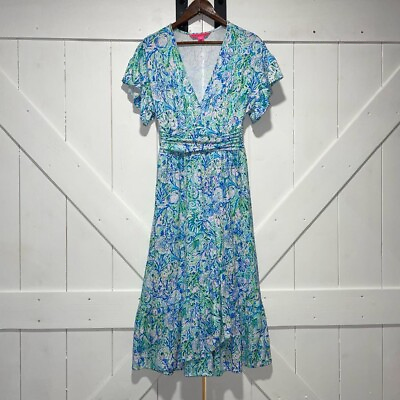 #ad Lilly Pulitzer Juliet Dress Women’s XS Flutter Sleeve Ruffle Midi Blue Preppy $54.99