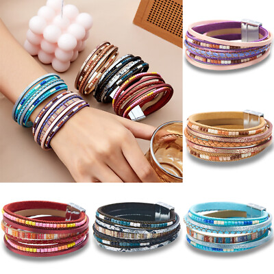 #ad Fashion Boho Multilayer Braided Leather Bracelet Women Bangle Wristband Jewelry $3.35