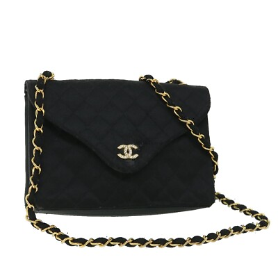 #ad CHANEL Matelasse Chain Shoulder Bag Satin Black CC Auth bs8554 $744.80