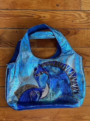 #ad Laurel Burch Metallic Blue Painted MODERN Horse Handbag Purse w Snap Closure – $15.99