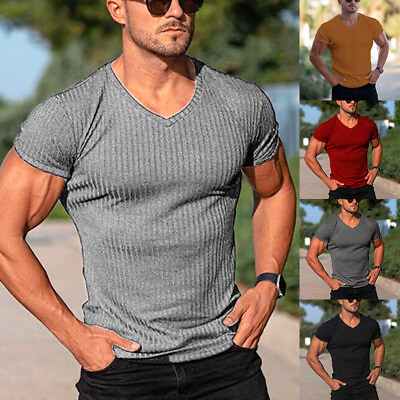 #ad Men V Neck Short Sleeve Tops T shirt Slim Fit Stretch Sport Gym Muscle Tee Tunic $13.38