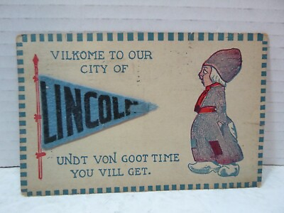 #ad c1910 Attached Felt Pennant Greetings Lincoln Nebraska Postcard M $9.99