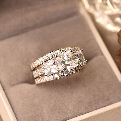 #ad Three Stone Wedding Ring Set Ring Jacket 2pcs Set Engagement Ring Set 925 Silver $42.99