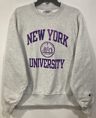 #ad New York University Logo Champion Long Sleeve Sweatshirt Mens Medium Gray Y2K $44.99