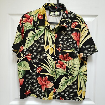 #ad Loco Lindo Womens Black Floral Aloha Boyfriend Camp Button Up Shirt Womens S $45.00