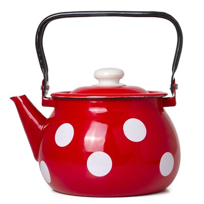 #ad Red Polka Dot Enamel Teapot Stovetop Kettle Vintage Enameled Tea Pot 2.7 qt $37.95