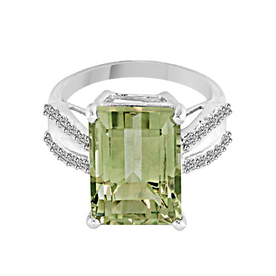 #ad 8.00ct Emerald Cut Brazilian Prasiolite With Round White Topaz 925 Silver Ring $170.84