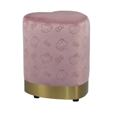 #ad HELLO KITTY Pink Heart Vanity Ottoman Stool Makeup Chair Plush Gold Accent NWT $100.00