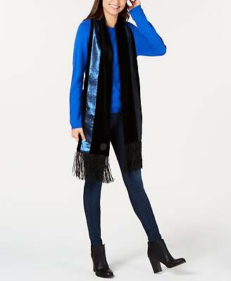 #ad DKNY Womens Velvet Sequined Stripe Fringe Scarf Color Black Blue Size OS $78.00