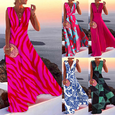 #ad Women Sleeveless Printed Sundress Prom Dress Womens Vacation Deep V Ball Gown $39.12