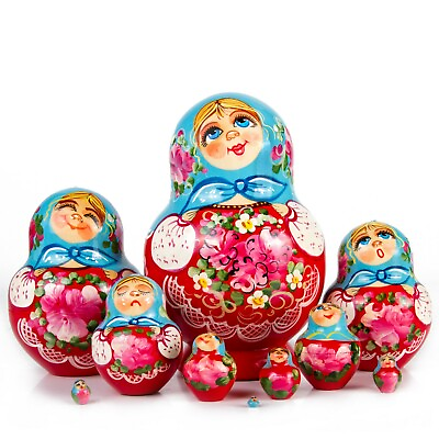 #ad 10 pc Pink Russian Nesting Dolls w Floral Art 6quot; Matryoshka Hand Painted Russia $53.95