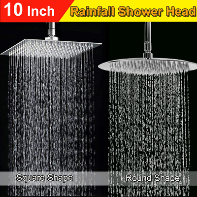 #ad 10quot; Square Round Rainfall Shower Head Chrome Stainless Steel Bath Rain Sprayer $18.99