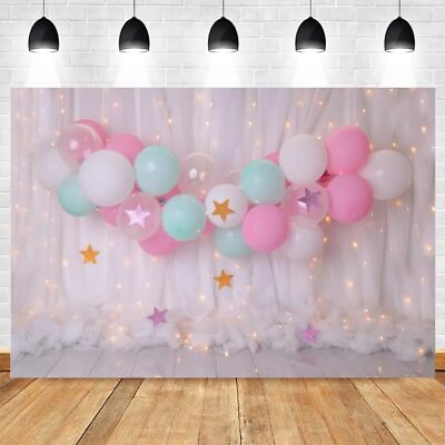 #ad Sweet Girl Birthdy Backdrop Pink White Window Screen Color Balloon Decor Bakc... $20.59