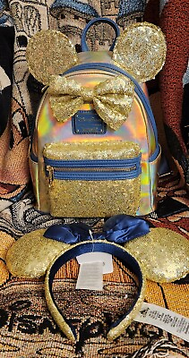 #ad BNWT Loungefly Earidescent Gold Sequin Backpack Disney Parks 50th with Ears $99.00