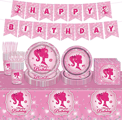 #ad 98PCS Pink Girl Birthday Party Supplies Pink Girl Party Tableware Set Pink Party $25.88