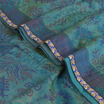 #ad Sanskriti Vintage Sarees Blue Green 100% Pure Silk Printed Sari 5Yd Craft Fabric $27.38