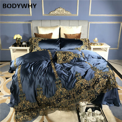 #ad 2020 Blue Luxury Romantic Golden Lace Embroidery Cotton Royal Soft Bedding Set $442.72