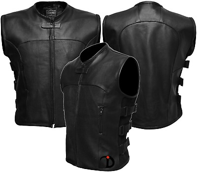 #ad NEW Black Real Cow Hide Leather Tactical SWAT Style Biker Motorcycle Vest Jacket $59.99
