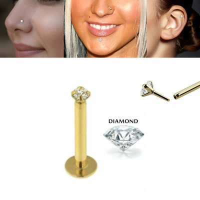 #ad 14K REAL DIAMOND SOLID GOLD 16G PUSH IN THREADLESS LABRET EAR TRAGUS NOSE RING $59.99