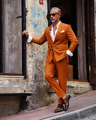 #ad 2 Piece Men#x27;s Orange Suit Not buttoned Shawl Lapel Jacket with Belt amp; Pants $97.52