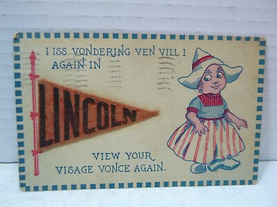 #ad c1910 Attached Felt Pennant Greetings Lincoln Nebraska Postcard O $9.99