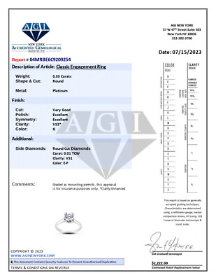#ad 0.34 CT G VS2 Round Natural Certified Diamonds Platinum Classic Engagement Ring $963.00