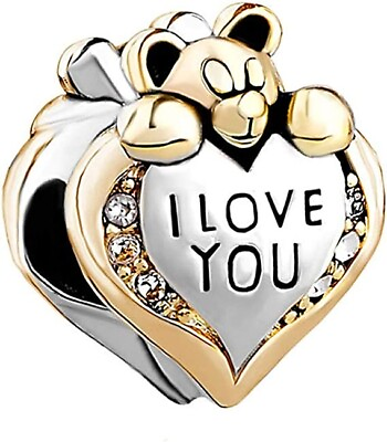 #ad Valentine Heart Bead Charm I Love You Bear Alloy Silver Plated Bracelet $18.81
