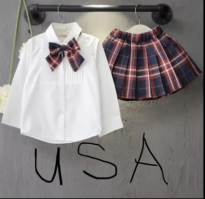 #ad Kid Girl long sleeve white Bow Shirtplaid skirt School Uniform Party Outfit Set $29.00