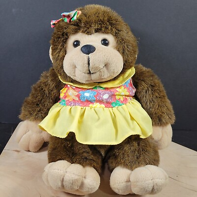#ad Vintage Monkey Ape Gorilla Brown Plush Yellow Floral Dress Hair Bow 9quot; Stuffed $7.61