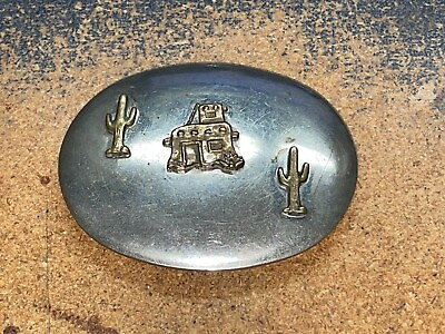 #ad Vintage silver Stainless Brass Oval Southwest Indian Mexican BELT BUCKLE Cactus $24.99