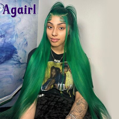 #ad Mint Green Lace Frontal Wig Straight Human Hair Pre Plucked Green Transparent $296.29