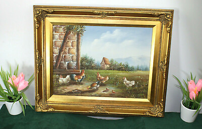 #ad Vintage flemish oil canvas animal chicken rooster family painting $455.00