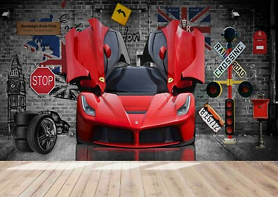 #ad 3D Red Sports Car Wallpaper Wall Mural Removable Self adhesive Sticker9154 AU $224.99
