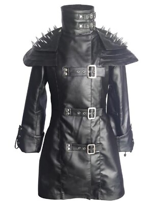 #ad Ladies Steampunk Goth Coat Black Cow Leather Gothic Heavy Duty Jacket GBP 103.99