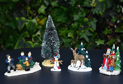 #ad Lot #5 Village Christmas Accessories DEER Carolers SNOWMAN PINE Tree FAMILY $17.99