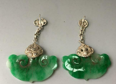 #ad A Pair Chinese Antique Tibetan Silver Inlaid Lucky Natural Jewelry Jade Earrings $24.69