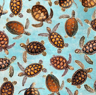 #ad Fabric Sea Turtles on Aqua Cotton TIMELESS TREASURES 1 4 yard C 1235BEACH $2.99