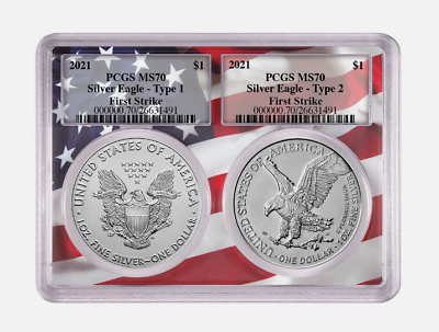 #ad 2021 $1 Type 1 and Type 2 Silver Eagle Set PCGS MS70 FS Flag Frame $169.50