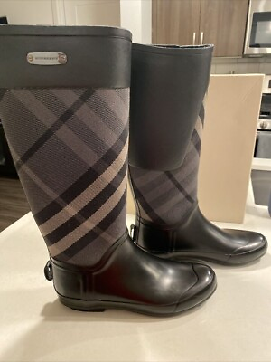 #ad Burberry Clemence Gray Charcoal Check Rain Boots Women#x27;s EU 36 US 5.5 NEW HEEL $161.49