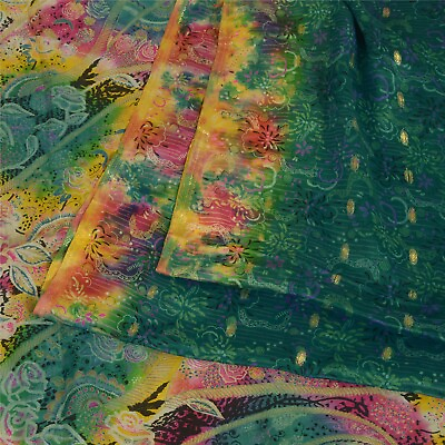 #ad Sanskriti Vintage Sarees Green Woven Printed 100% Pure Silk Sari Craft Fabric $27.38