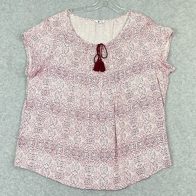 #ad Sonoma Top Womens XL Pink Print Tie Neck Short Sleeve Pintuck Rayon Blouse $14.88