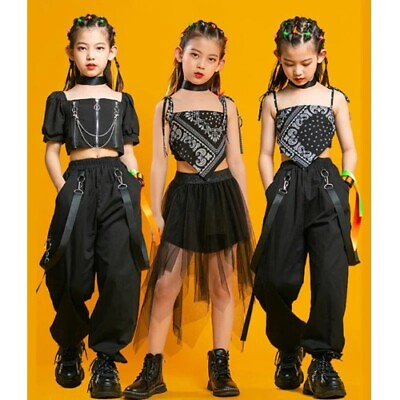 #ad Kids Punk Hip Hop Square Neck Puff Sleeve Crop T Shirt Pleated Mesh Skirt Pant $56.97