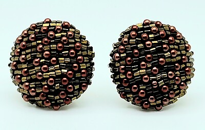 #ad Vintage brown color Seed Beaded handmade round Clip On stud fashion Earrings $9.99
