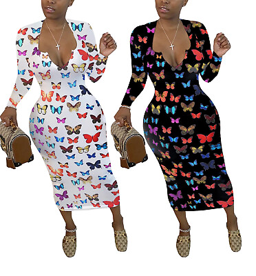 #ad NEW Stylish Women Long Sleeve V Neck Colorful Print Patchwork Bodycon Dress Club $25.42