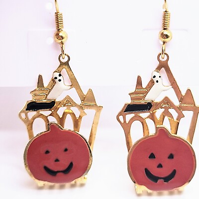 #ad Halloween 3D Haunted House Ghost And Jack O Lantern Pierced Earrings $13.00