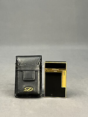 #ad S.T. Dupont Line 2 Black Lacquer amp; Gold Trim Dual Flame Lighter w Leather Case $495.00