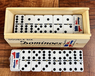 #ad Dominican Republic Flag Engraved Dominoes Double Six In Wooden Box. $22.00