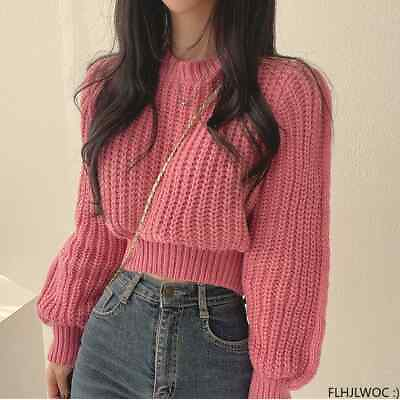 #ad Knitted Sweater Pullovers New Cute Girls Solid O Neck Short Crop Knit Tops $29.41