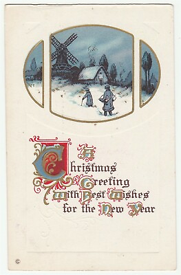 #ad Vintage Postcard Christmas Windmill in Snow Children Gold Trim 1910#x27;s $6.99